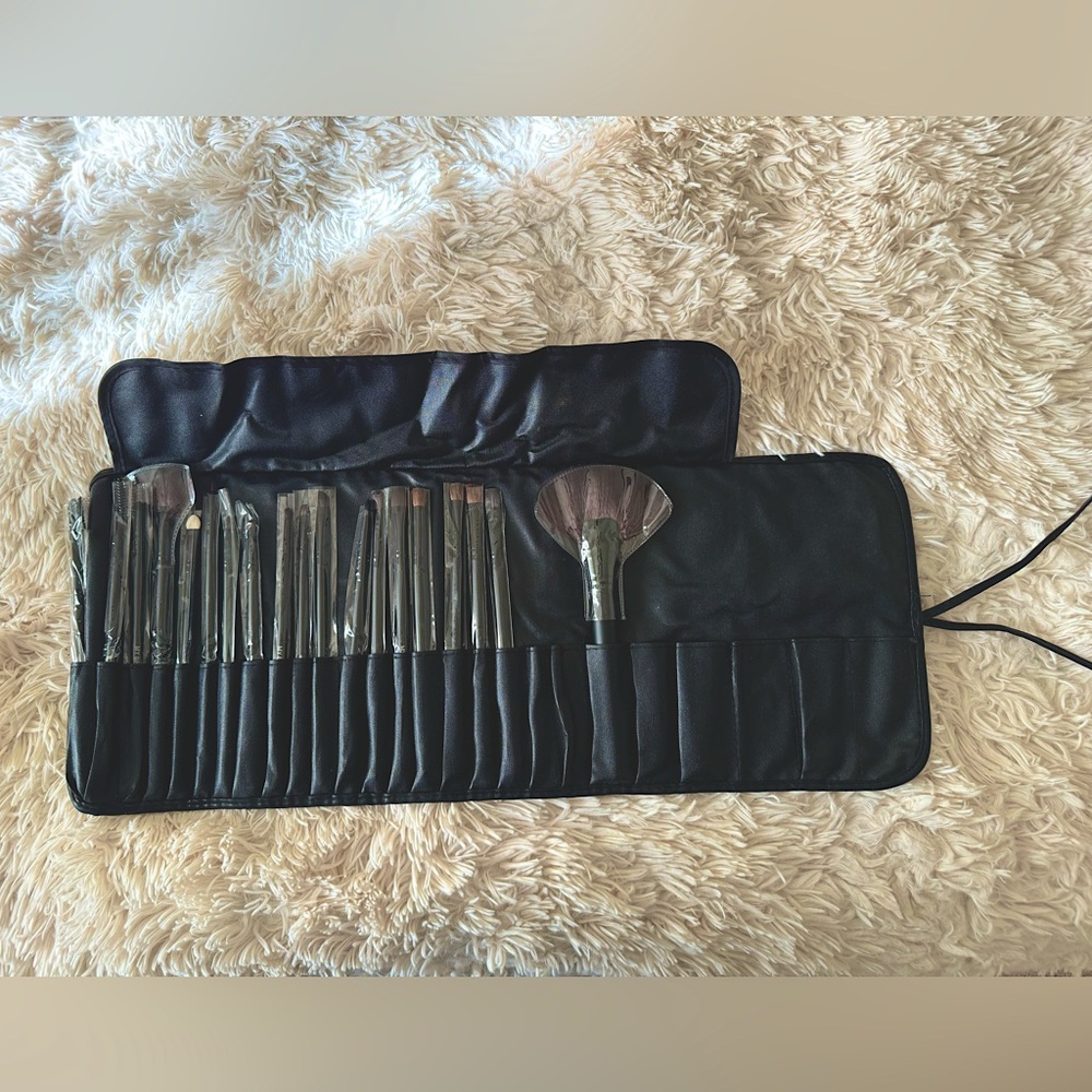 Leftover Makeup Brushes with Faux Leather Black Wrap Bag